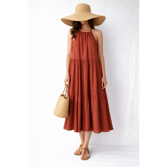 SO Dresses & Skirts - Midi Dress Rayon  Halter Neck Tiered Brick Red Sleeveless Flowy XXL resort Boh